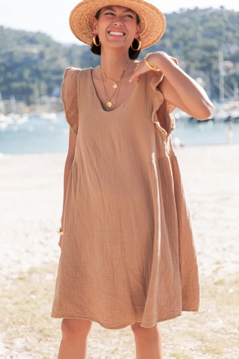 ANNA Camel Robe Gaze De Coton reversible femme courte