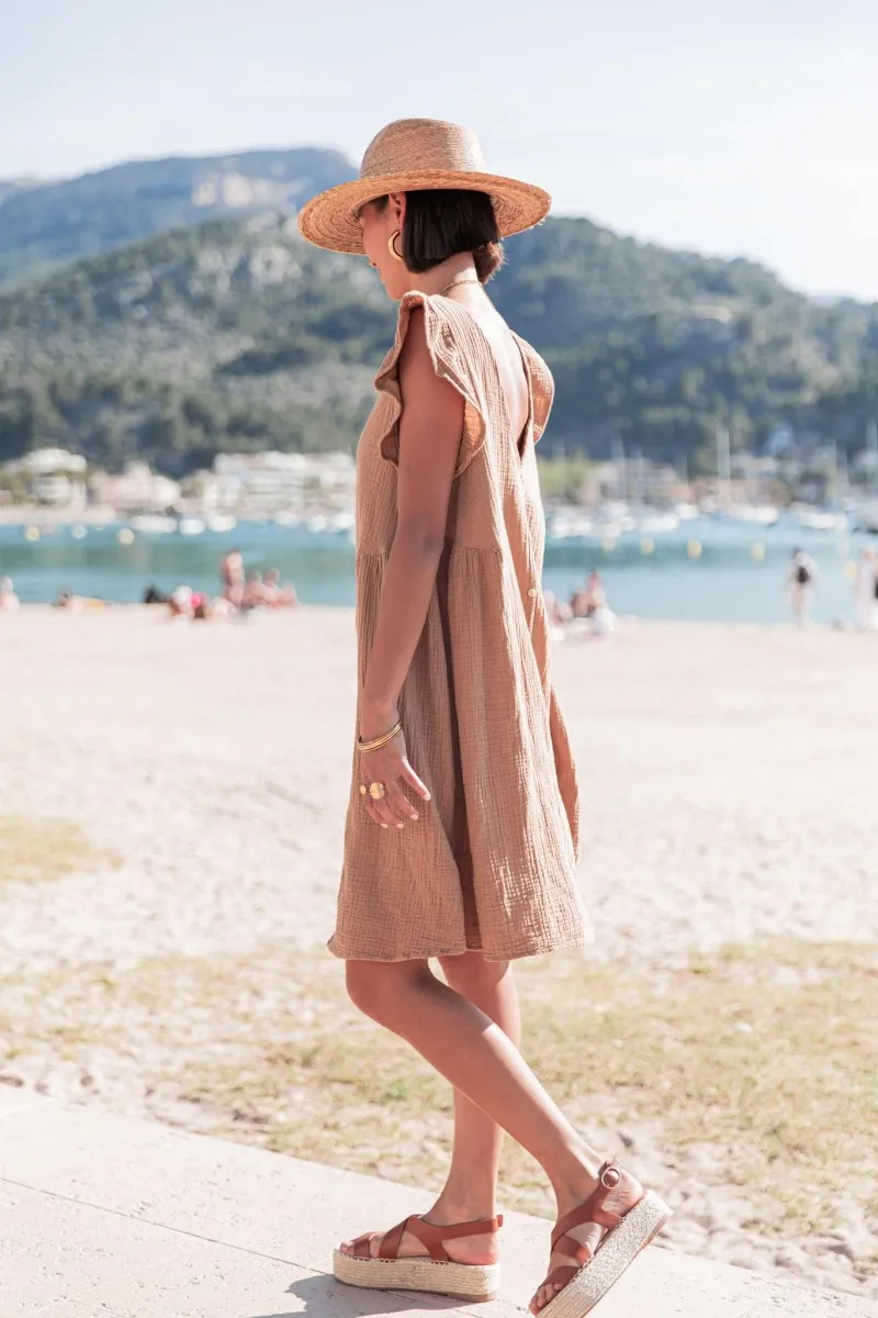 ANNA Camel Robe Gaze De Coton reversible femme courte