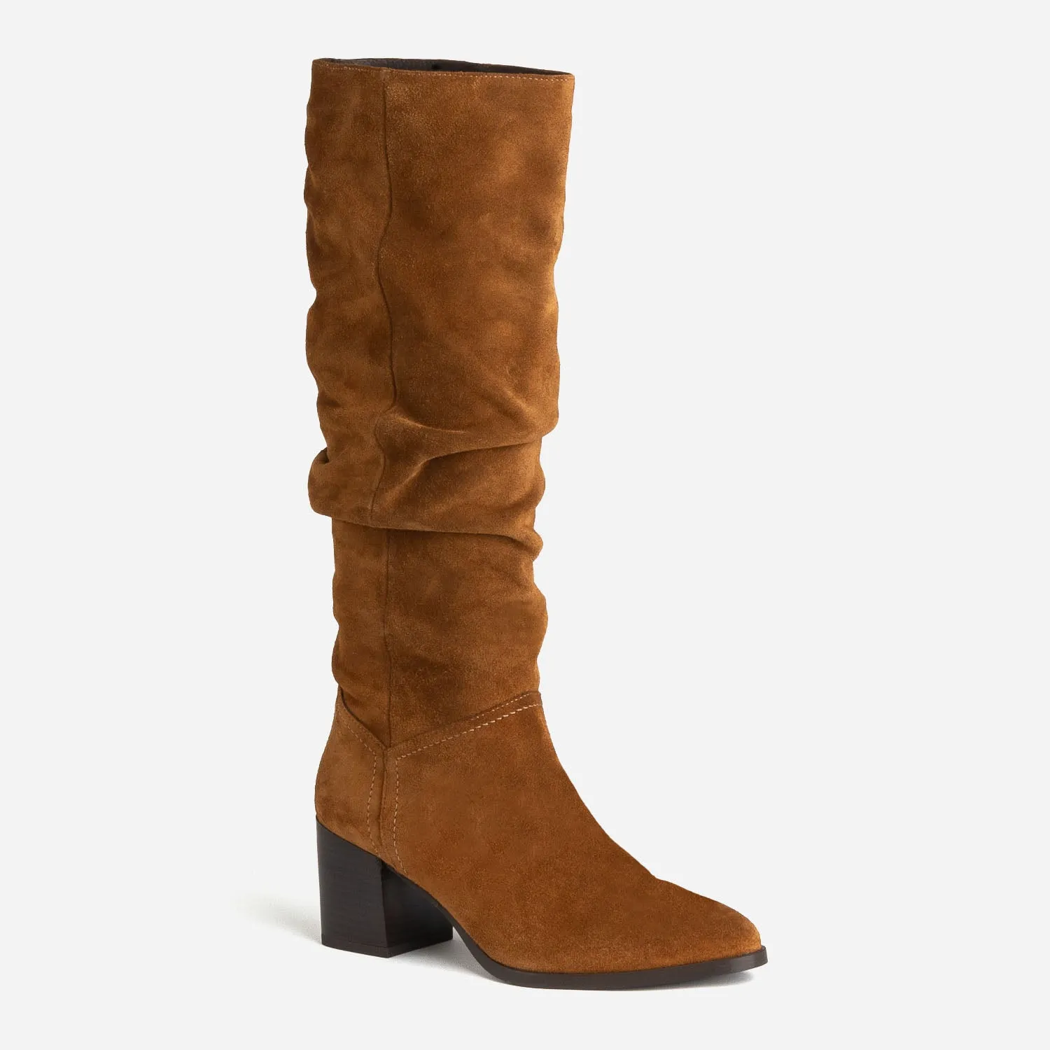 Botte TEXTO camel en cuir velours à tige plissée - Bottes Femme | ERAM