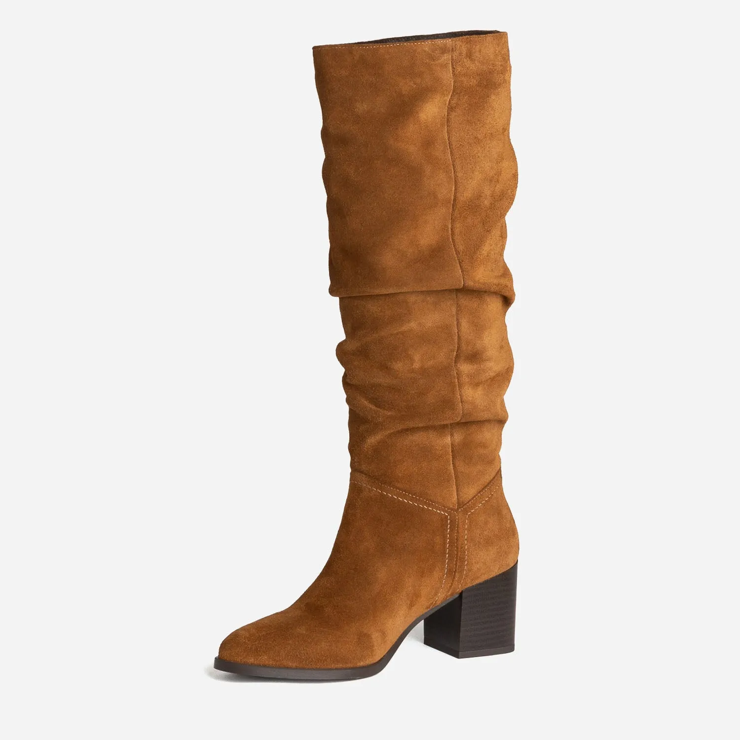 Botte TEXTO camel en cuir velours à tige plissée - Bottes Femme | ERAM