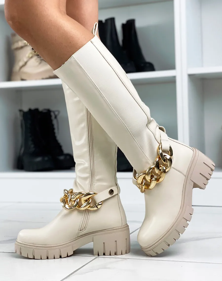 Bottes hautes beiges avec élastique et chaine dorée