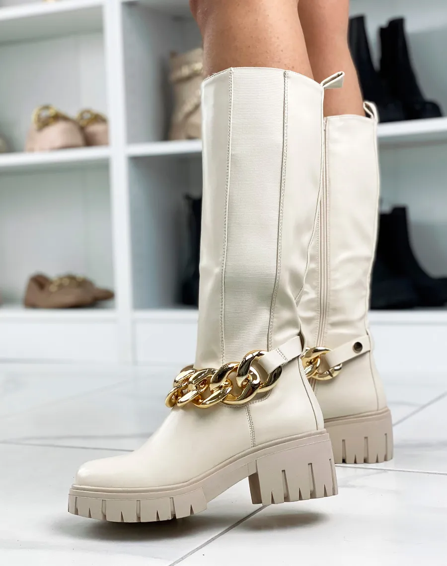 Bottes hautes beiges avec élastique et chaine dorée