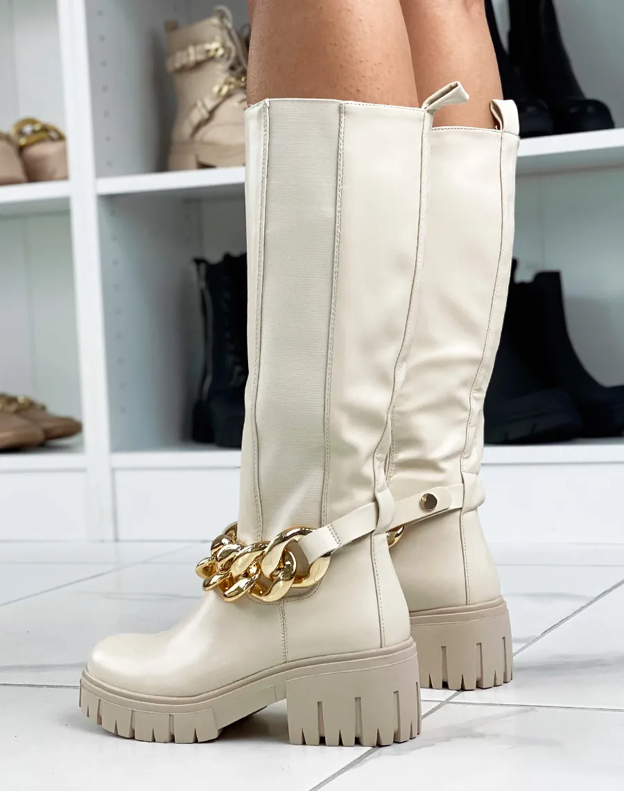 Bottes hautes beiges avec élastique et chaine dorée