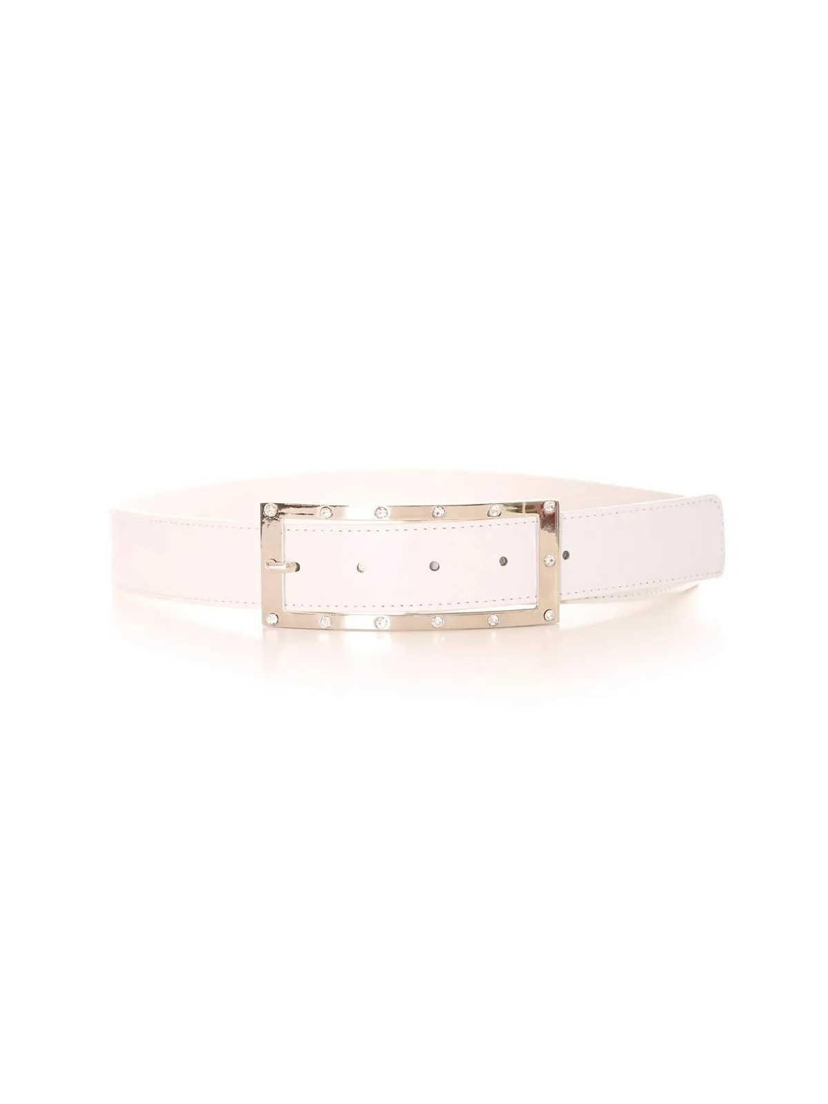 Ceinture blanche avec boucle rectangulaire argentée et strass. Accessoire 9008