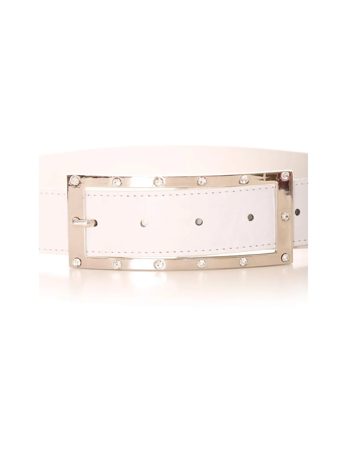 Ceinture blanche avec boucle rectangulaire argentée et strass. Accessoire 9008