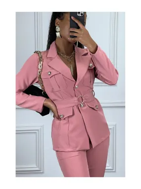 EnPEmble tailleur rose veste et pantalon avec ceinture réglable