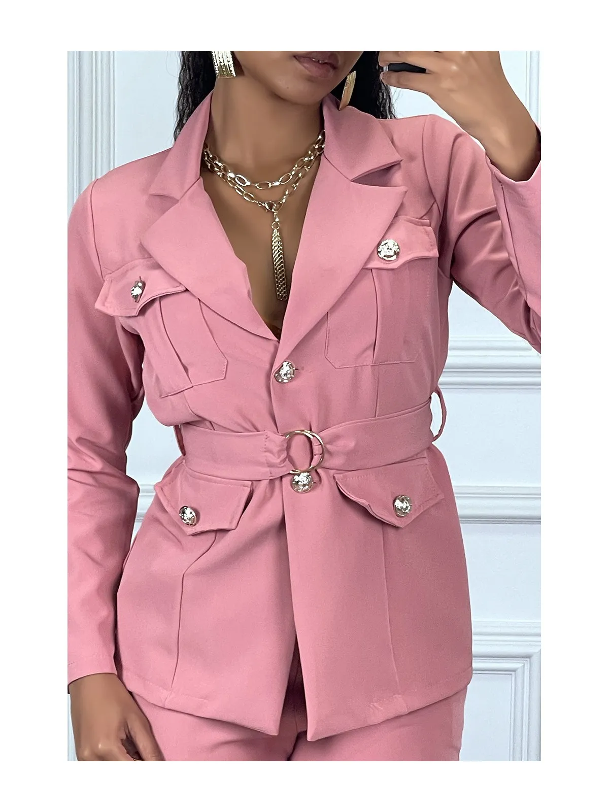 EnPEmble tailleur rose veste et pantalon avec ceinture réglable