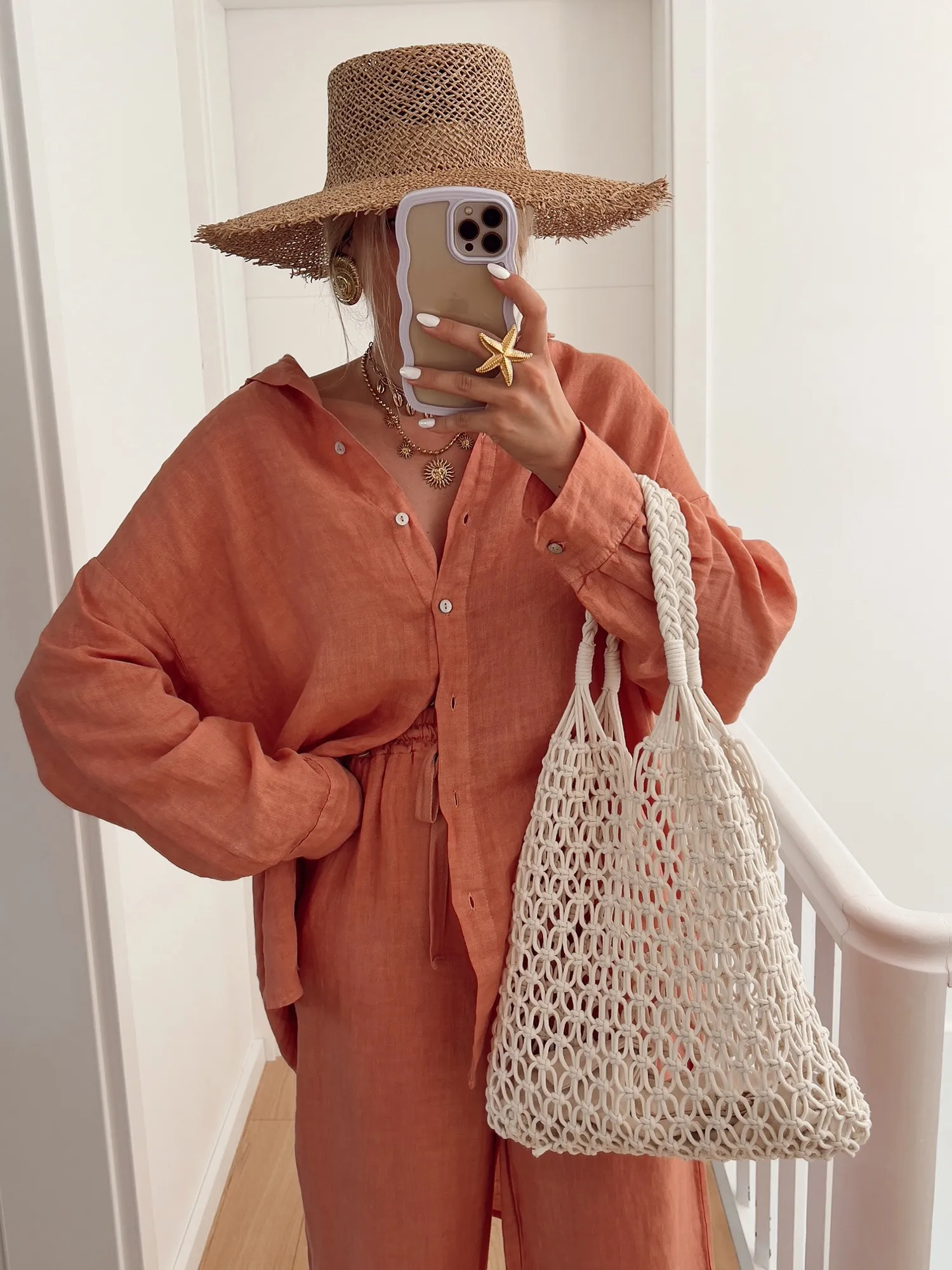 Ensemble LINOU Chemise et pantalon oversized en lin terracotta 