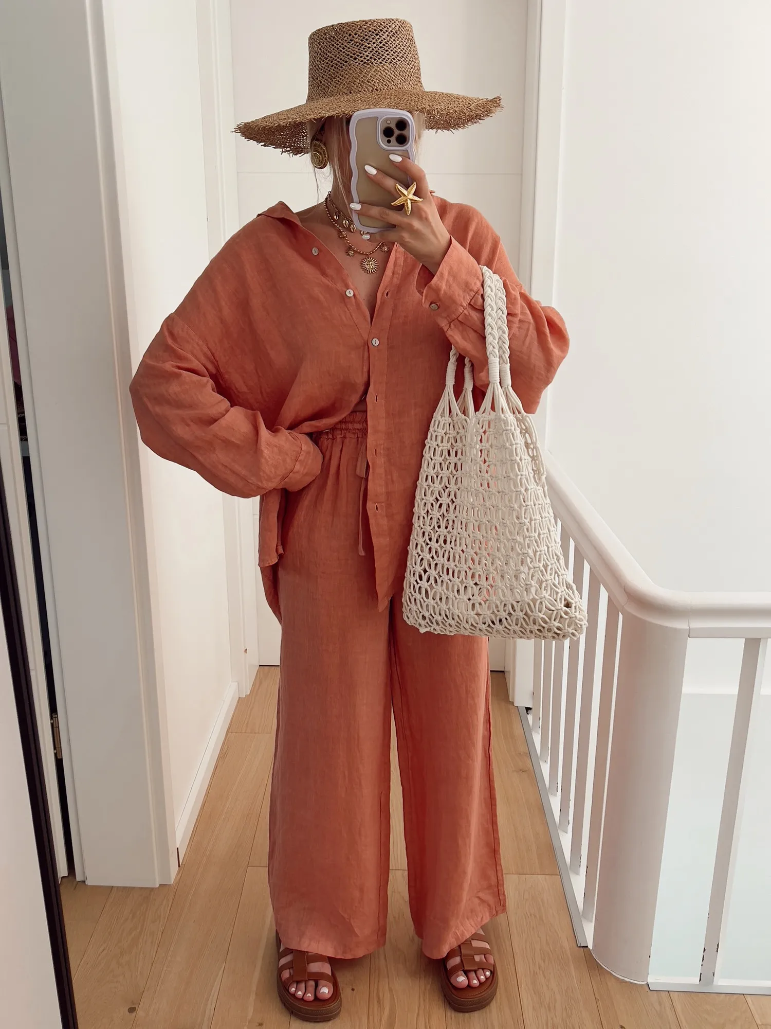 Ensemble LINOU Chemise et pantalon oversized en lin terracotta 