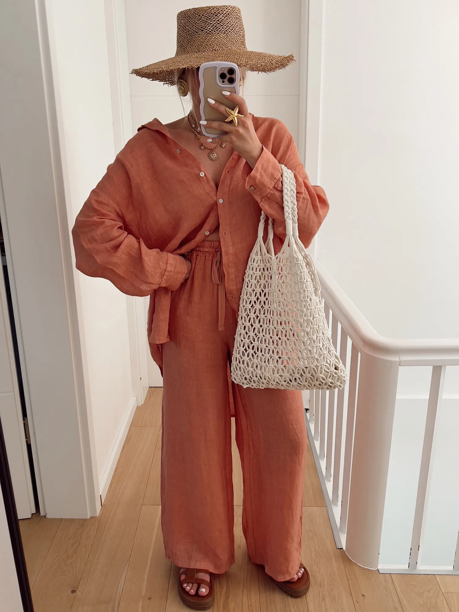 Ensemble LINOU Chemise et pantalon oversized en lin terracotta 