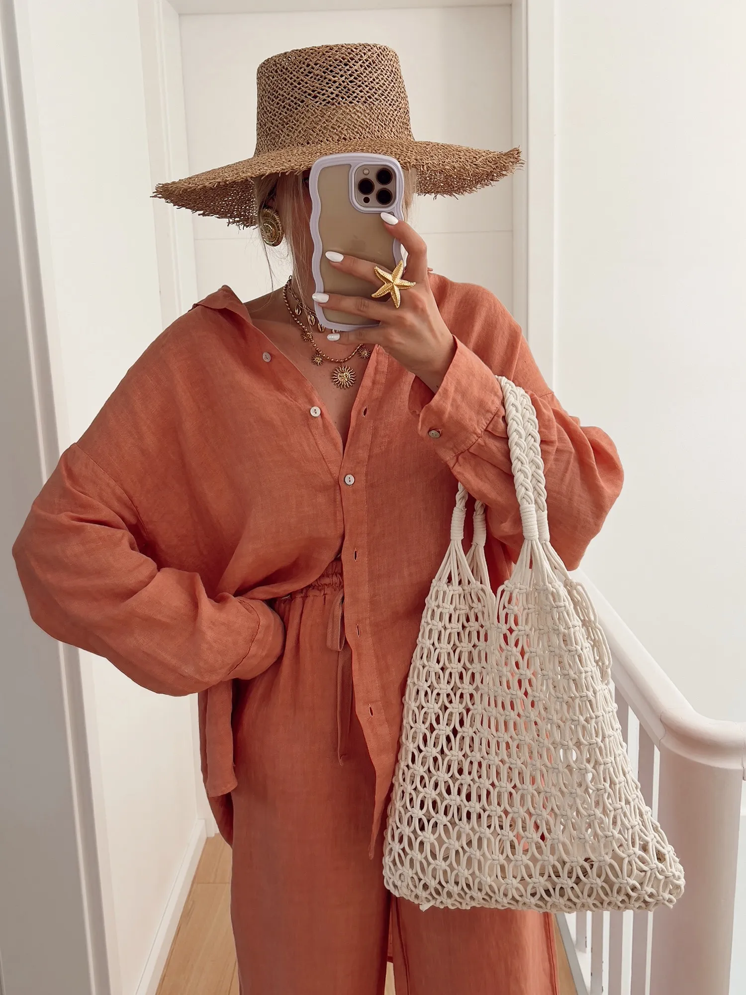 Ensemble LINOU Chemise et pantalon oversized en lin terracotta 