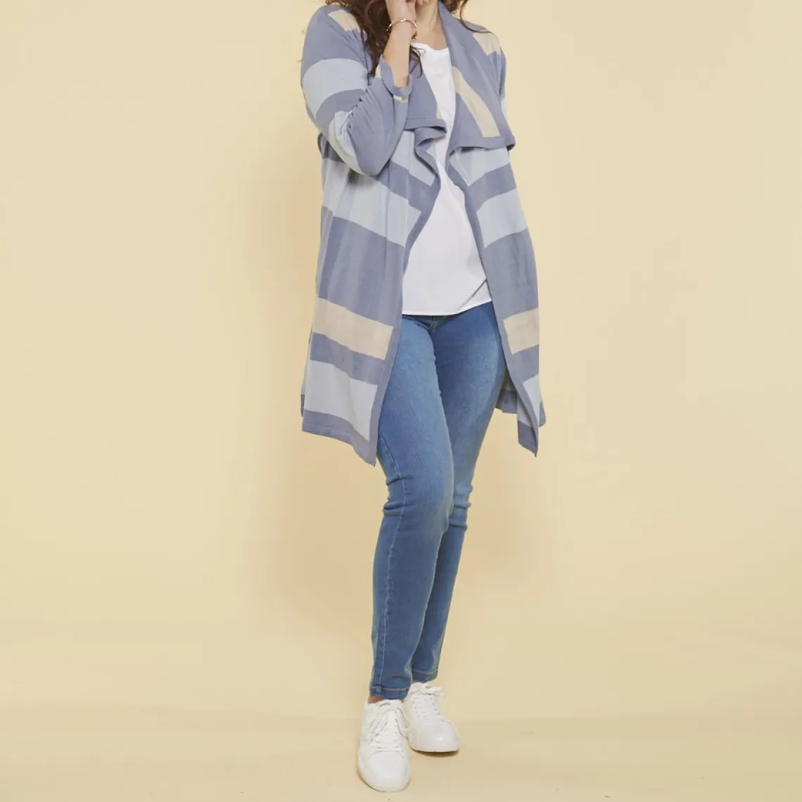 Gilet long rayé col à revers manches longues femme - Rayé Bleu Clair | 3 Suisses