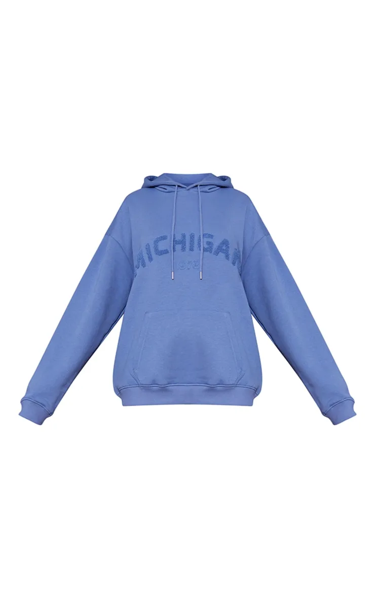 Hoodie oversize bleu à slogan Michigan en imitation mouton