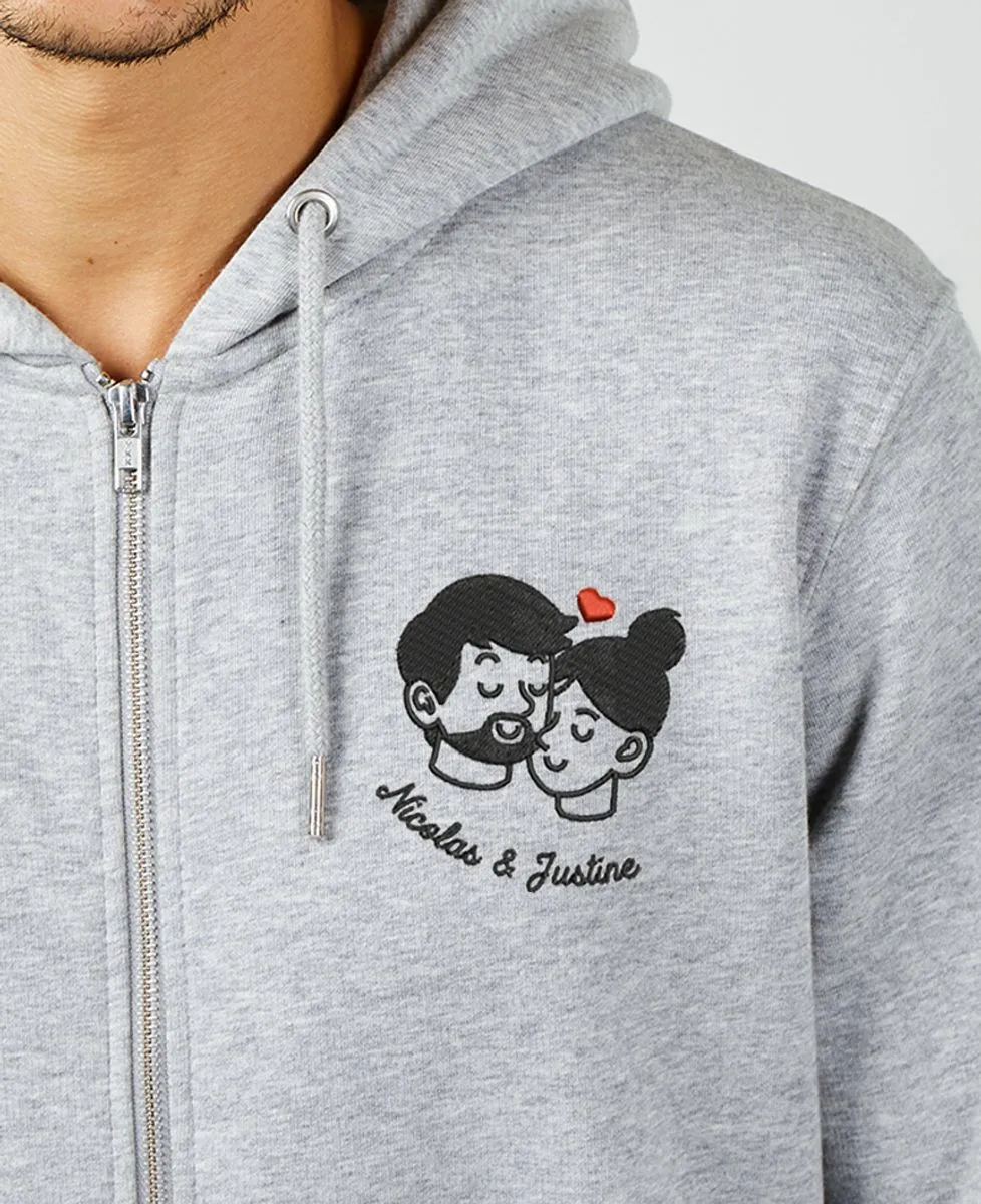 Hoodie zippé homme Couple amoureux brodé personnalisé