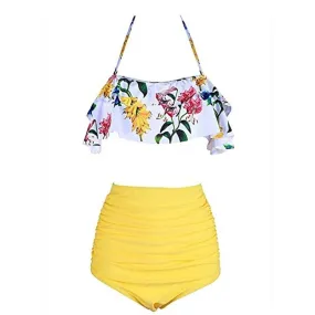 Maillot De Bain Vintage  Volant Fleurs Jaune