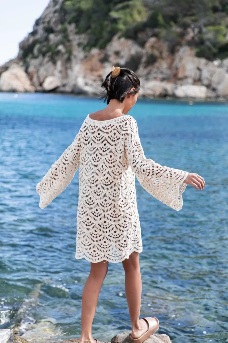 MARIA Beige Robe Crochet courte manches papillon femme