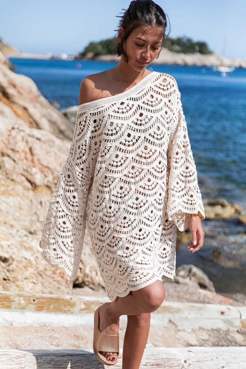 MARIA Beige Robe Crochet courte manches papillon femme