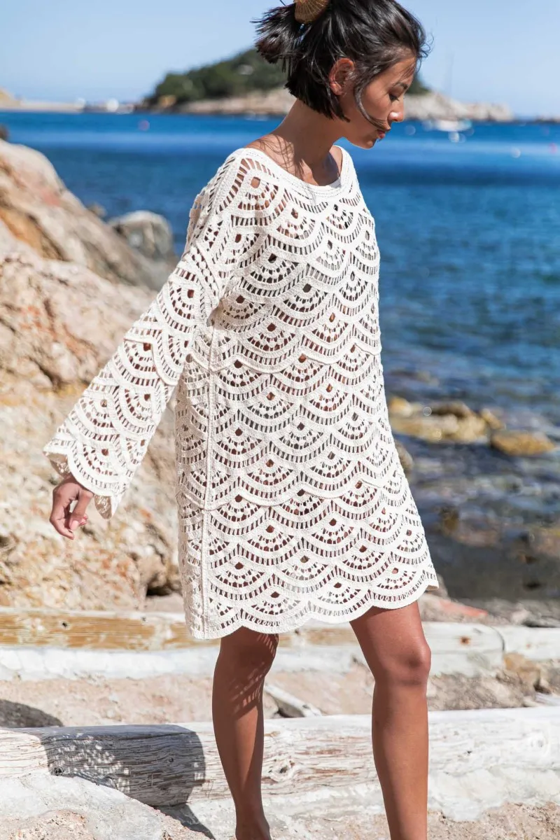 MARIA Beige Robe Crochet courte manches papillon femme