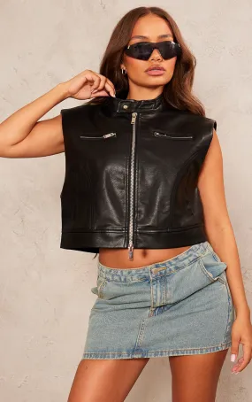 Petite Gilet en PU noir sans manches à col