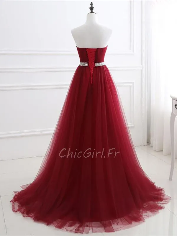 Plus Belles Robe De Soirée Longue Bordeaux Tulle Avec Ceinture Strass