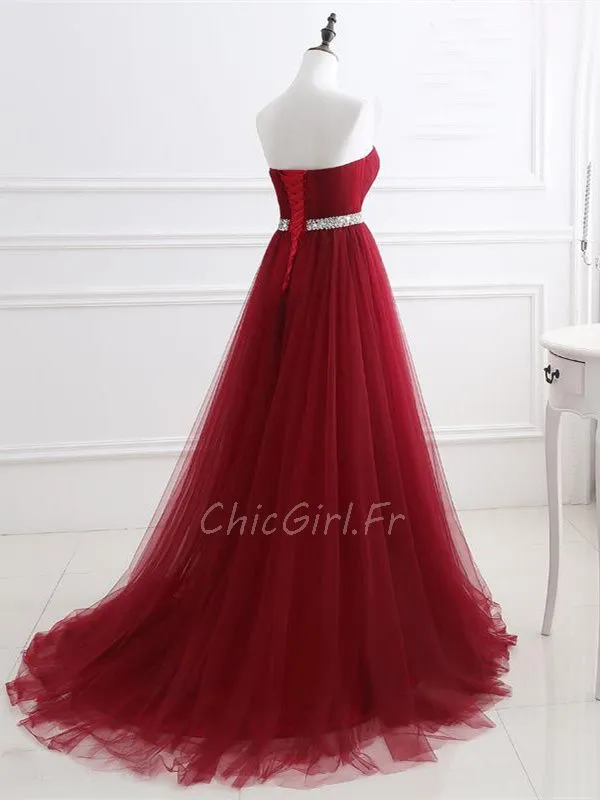 Plus Belles Robe De Soirée Longue Bordeaux Tulle Avec Ceinture Strass