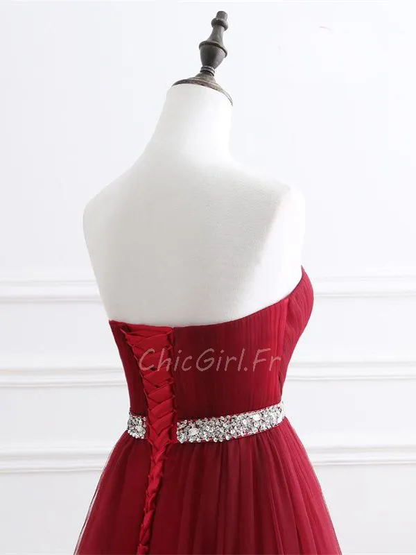 Plus Belles Robe De Soirée Longue Bordeaux Tulle Avec Ceinture Strass