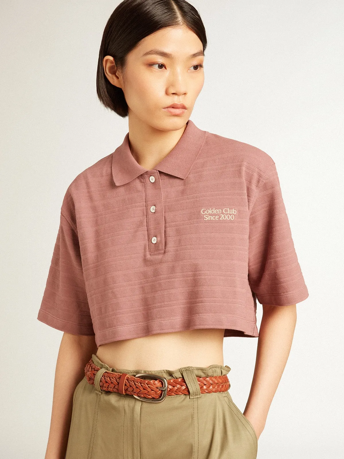 Polo cropped en piqué de coton rose taupe