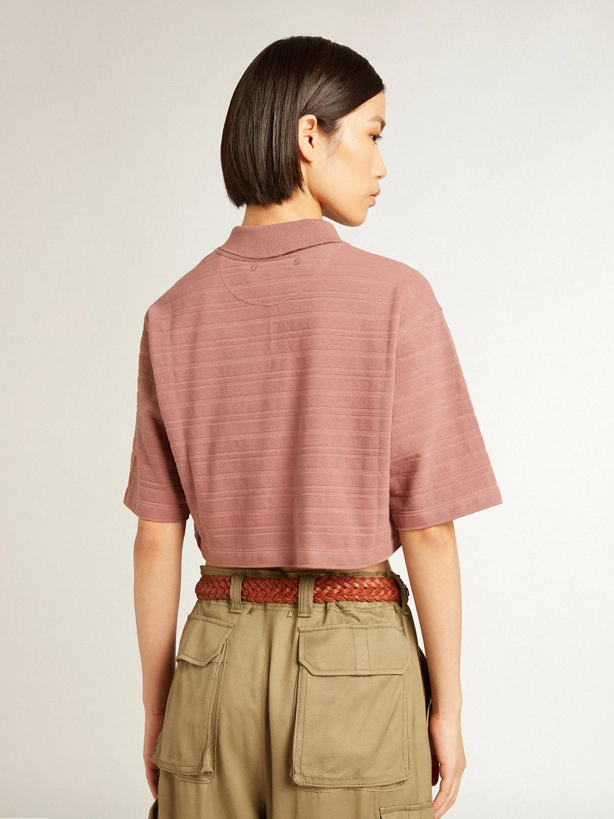 Polo cropped en piqué de coton rose taupe