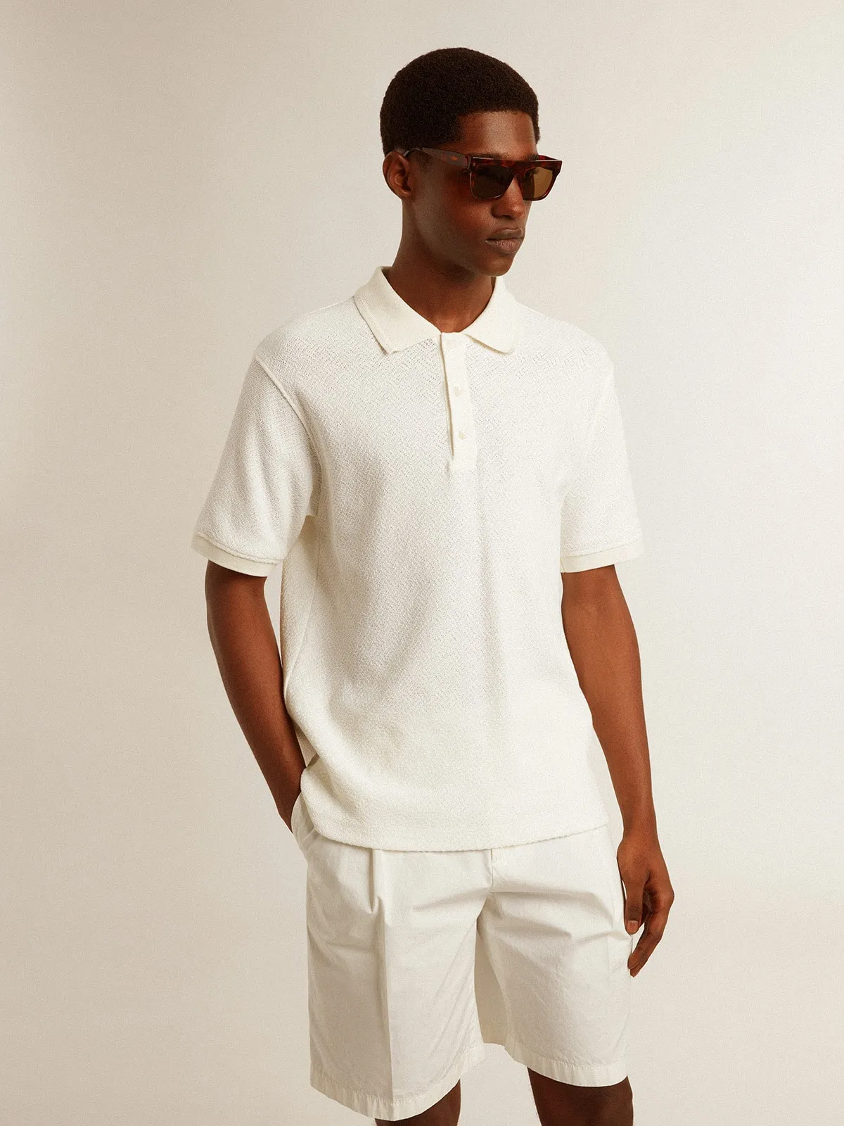 Polo homme en coton blanc avec boutons en nacre | Golden Goose