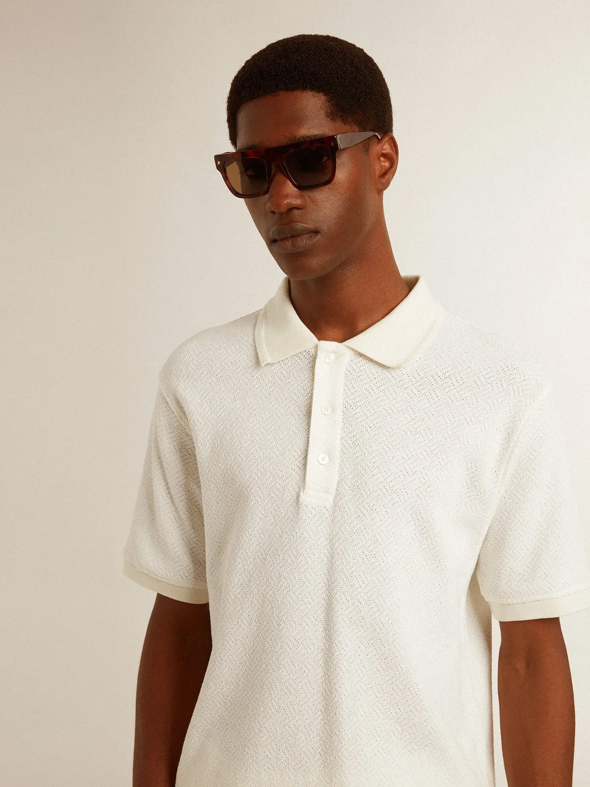 Polo homme en coton blanc avec boutons en nacre | Golden Goose