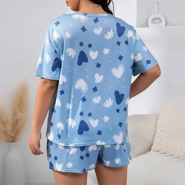 Pyjama imprimé cœur de dessin animé pour femme, ensemble vêtements nuit confortables