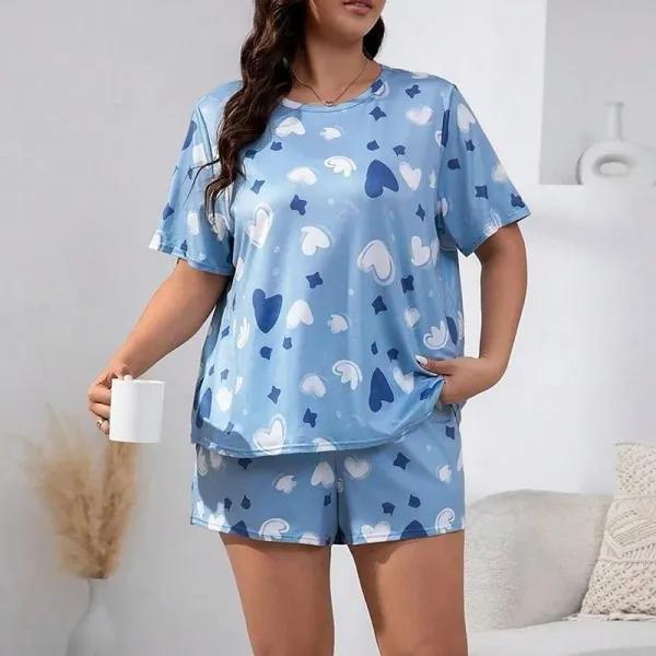 Pyjama imprimé cœur de dessin animé pour femme, ensemble vêtements nuit confortables