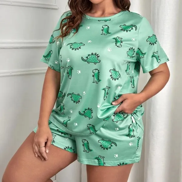 Pyjama imprimé cœur de dessin animé pour femme, ensemble vêtements nuit confortables