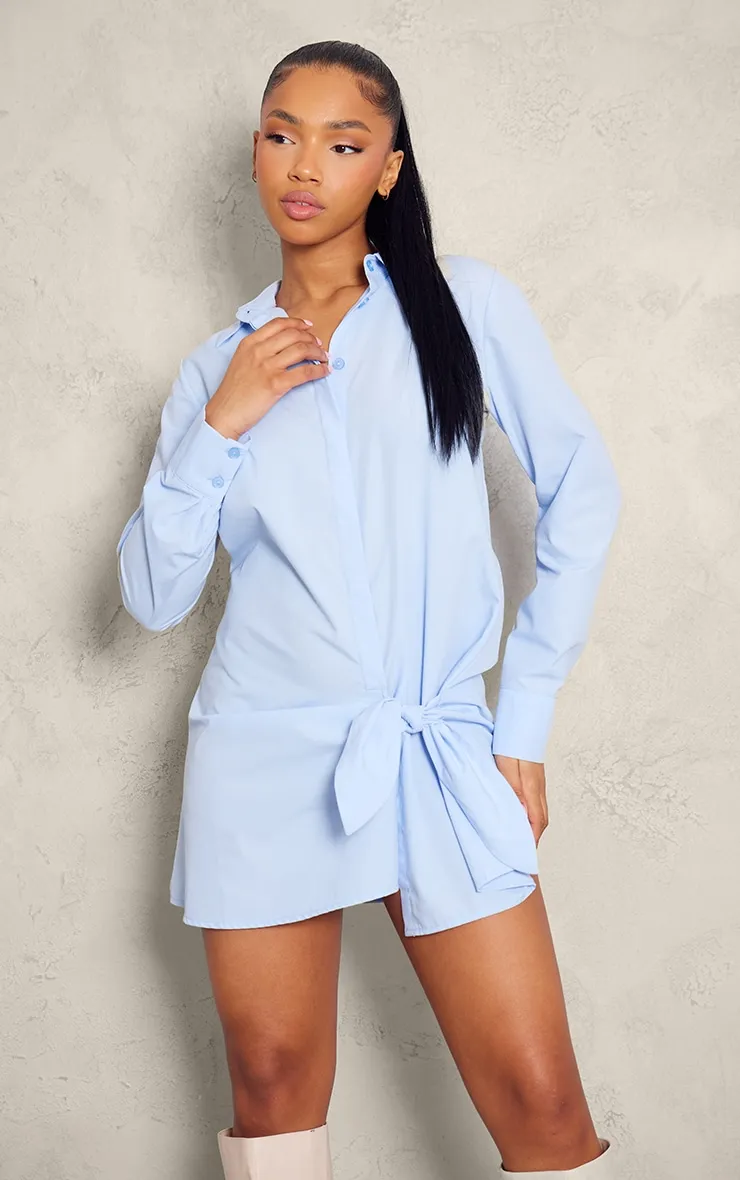 Robe chemise en popeline de coton bleue à détail noué