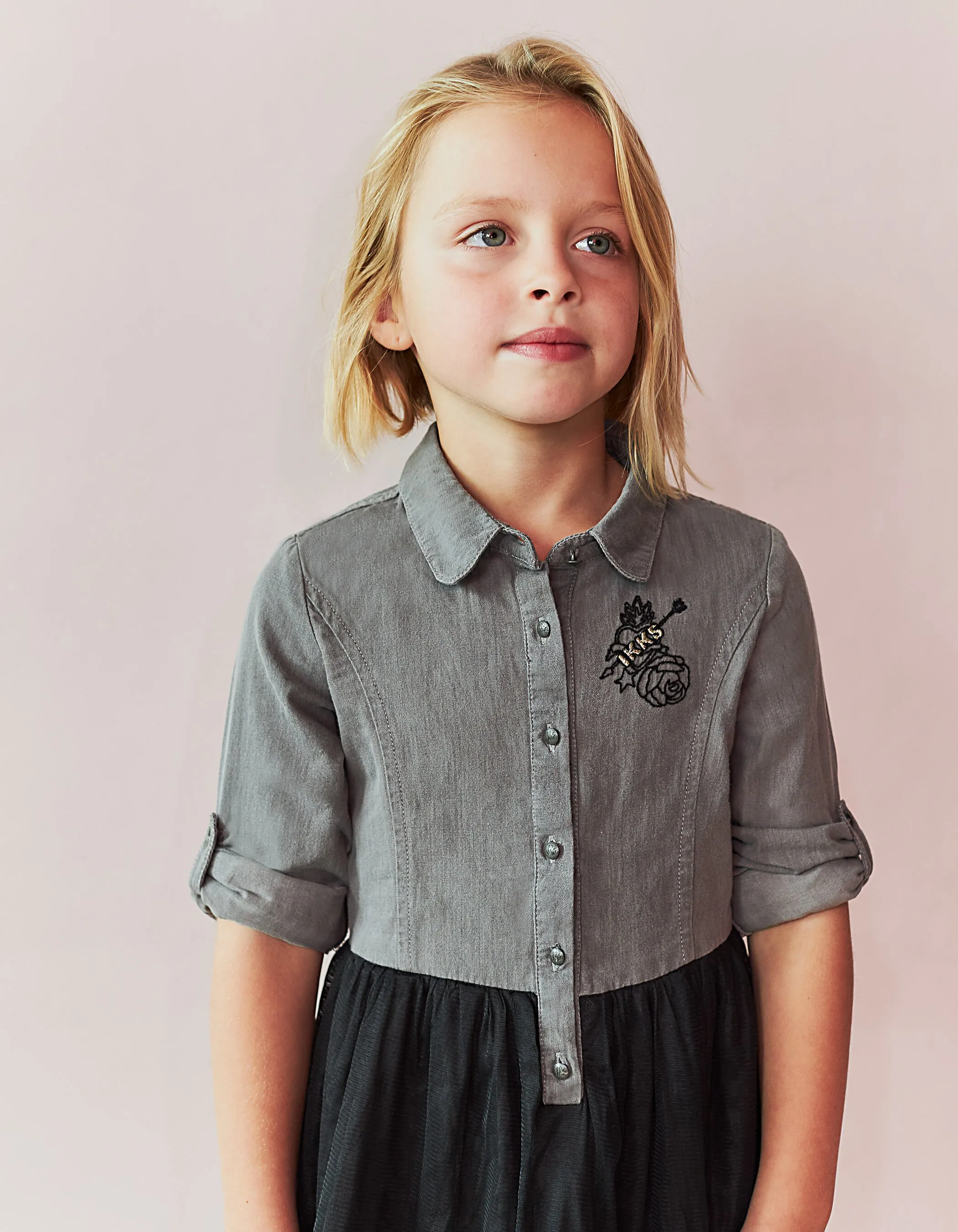 Robe-chemise grise en denim et tulle noir fille