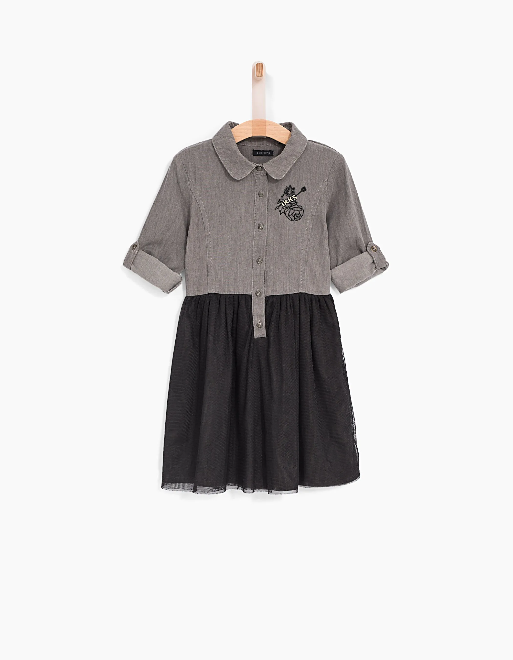 Robe-chemise grise en denim et tulle noir fille