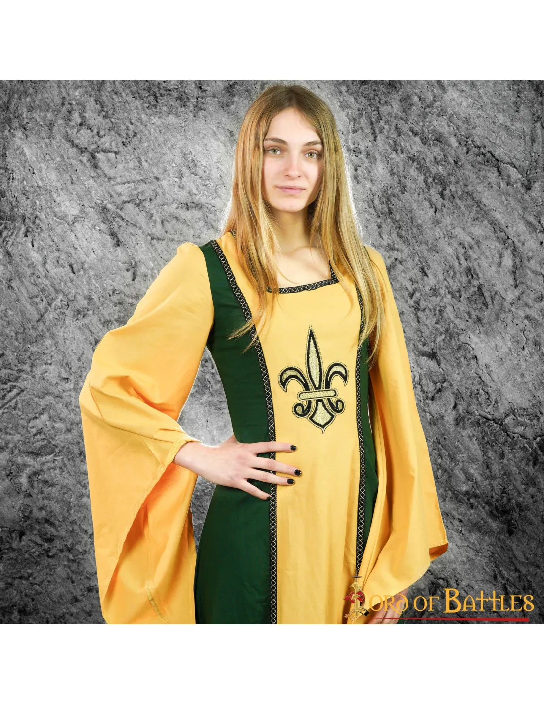 Robe Courtisane Médiévale Lisenia Fleur de Lys - Moutarde et Vert ⚔️ Boutique