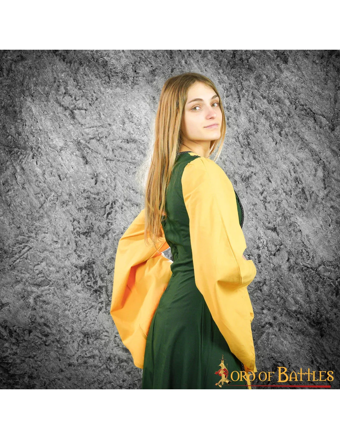 Robe Courtisane Médiévale Lisenia Fleur de Lys - Moutarde et Vert ⚔️ Boutique