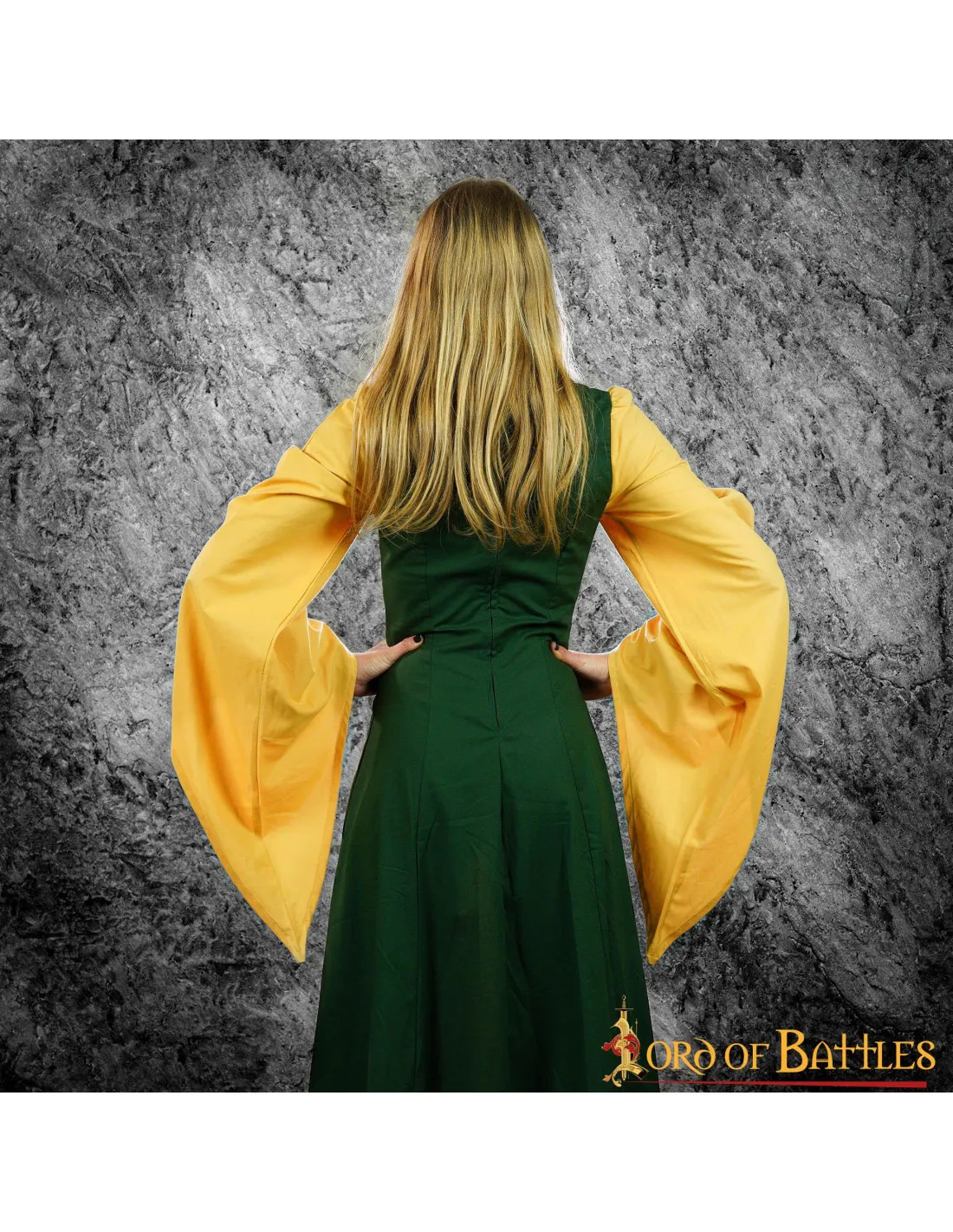 Robe Courtisane Médiévale Lisenia Fleur de Lys - Moutarde et Vert ⚔️ Boutique