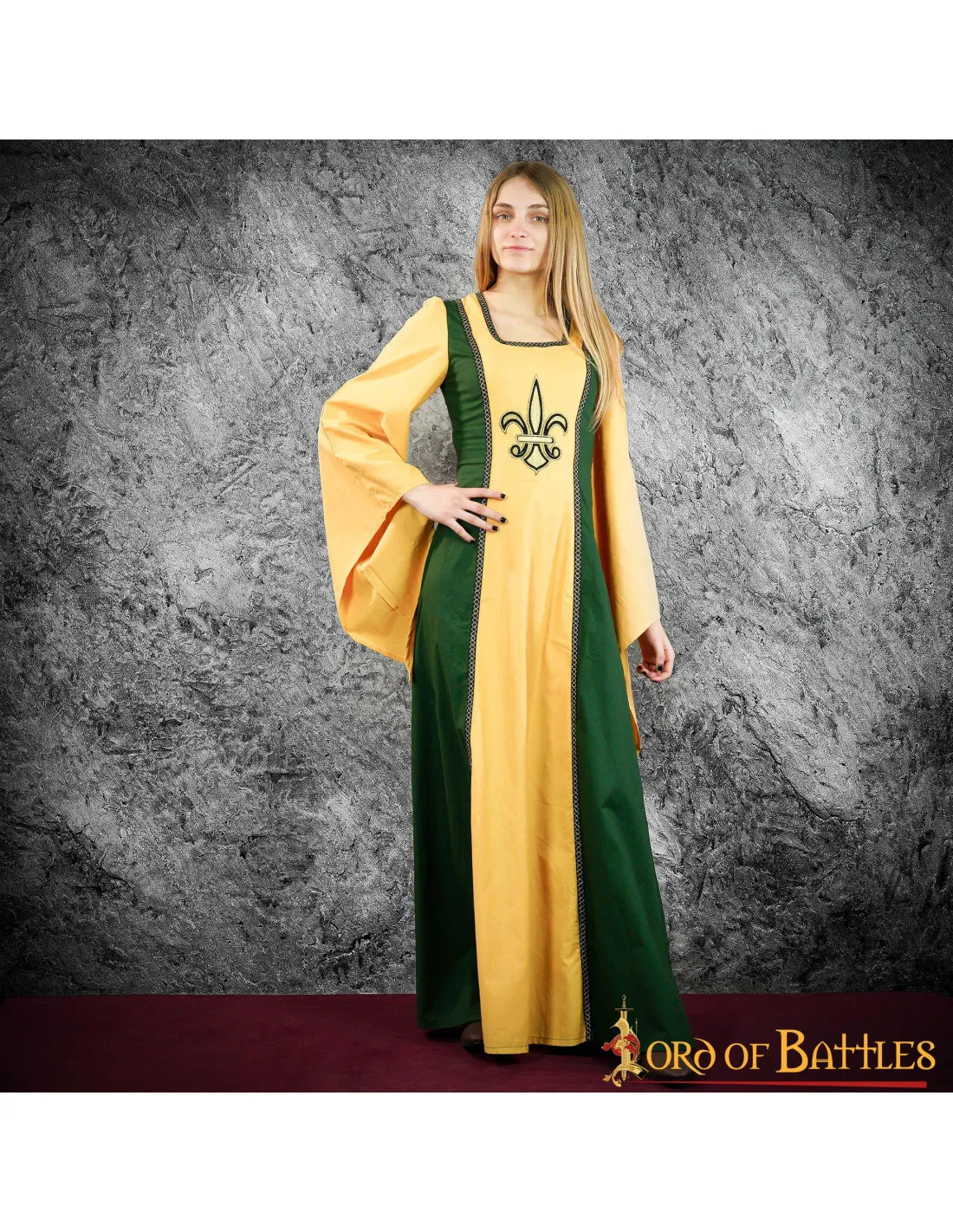 Robe Courtisane Médiévale Lisenia Fleur de Lys - Moutarde et Vert ⚔️ Boutique