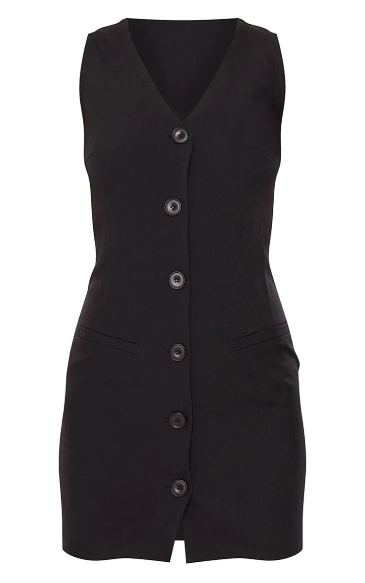 Robe moulante noire tissée de tailleur à boutons et détail gilet sans manches