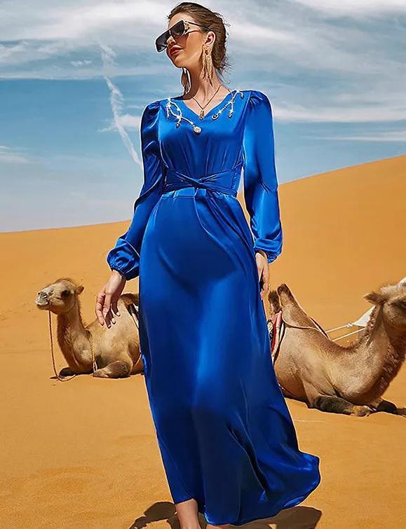 Robe à manches longues avec col en V et strass, bleu royal