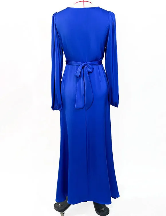 Robe à manches longues avec col en V et strass, bleu royal