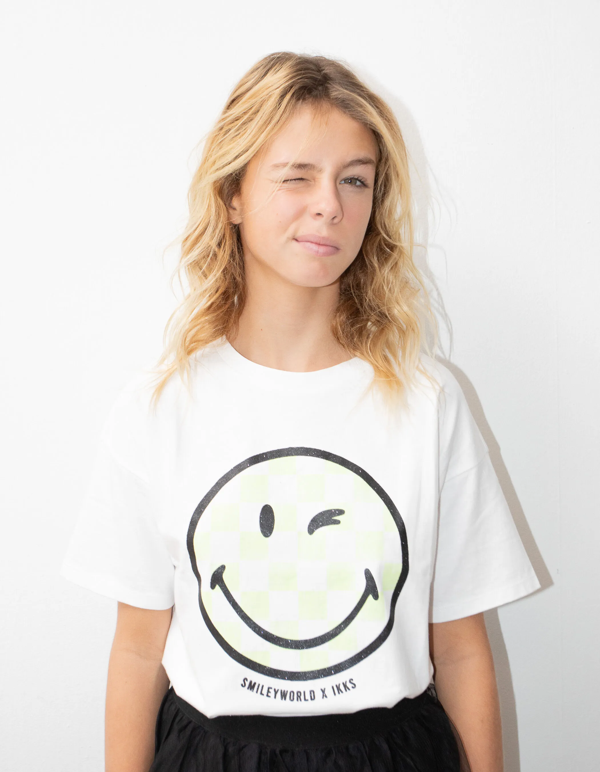 T-shirt blanc visuel damier vert SMILEYWORLD fille