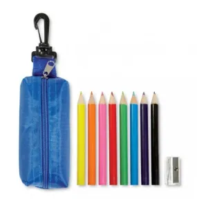 Trousse en polyester contenant 8 crayons de couleur et taille-crayon