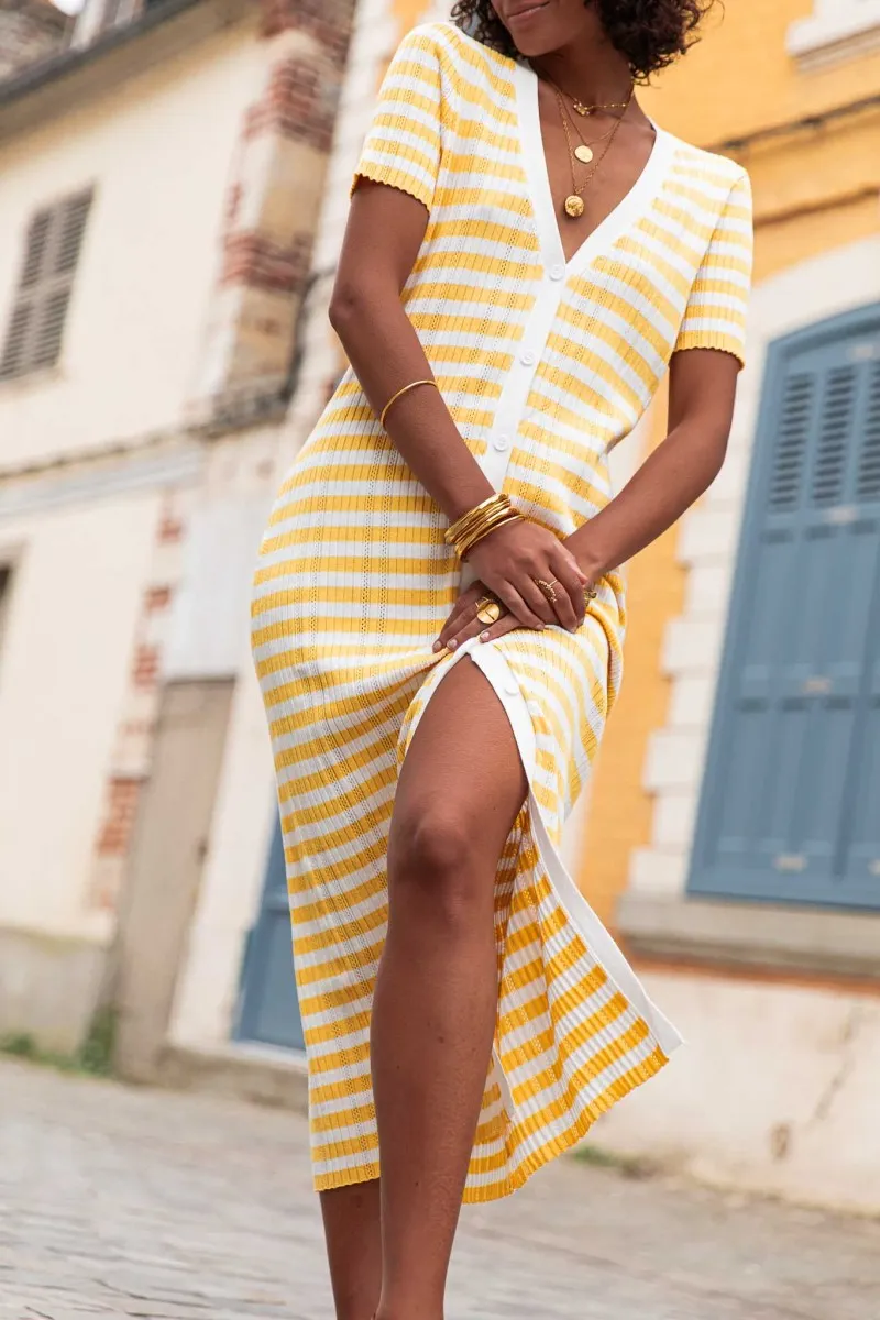 VITAA Jaune Robe Maille longue manches courtes femme rayures