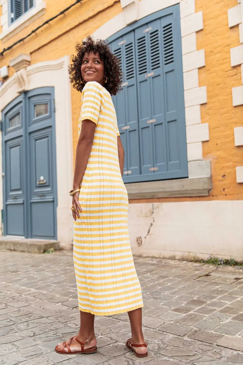 VITAA Jaune Robe Maille longue manches courtes femme rayures